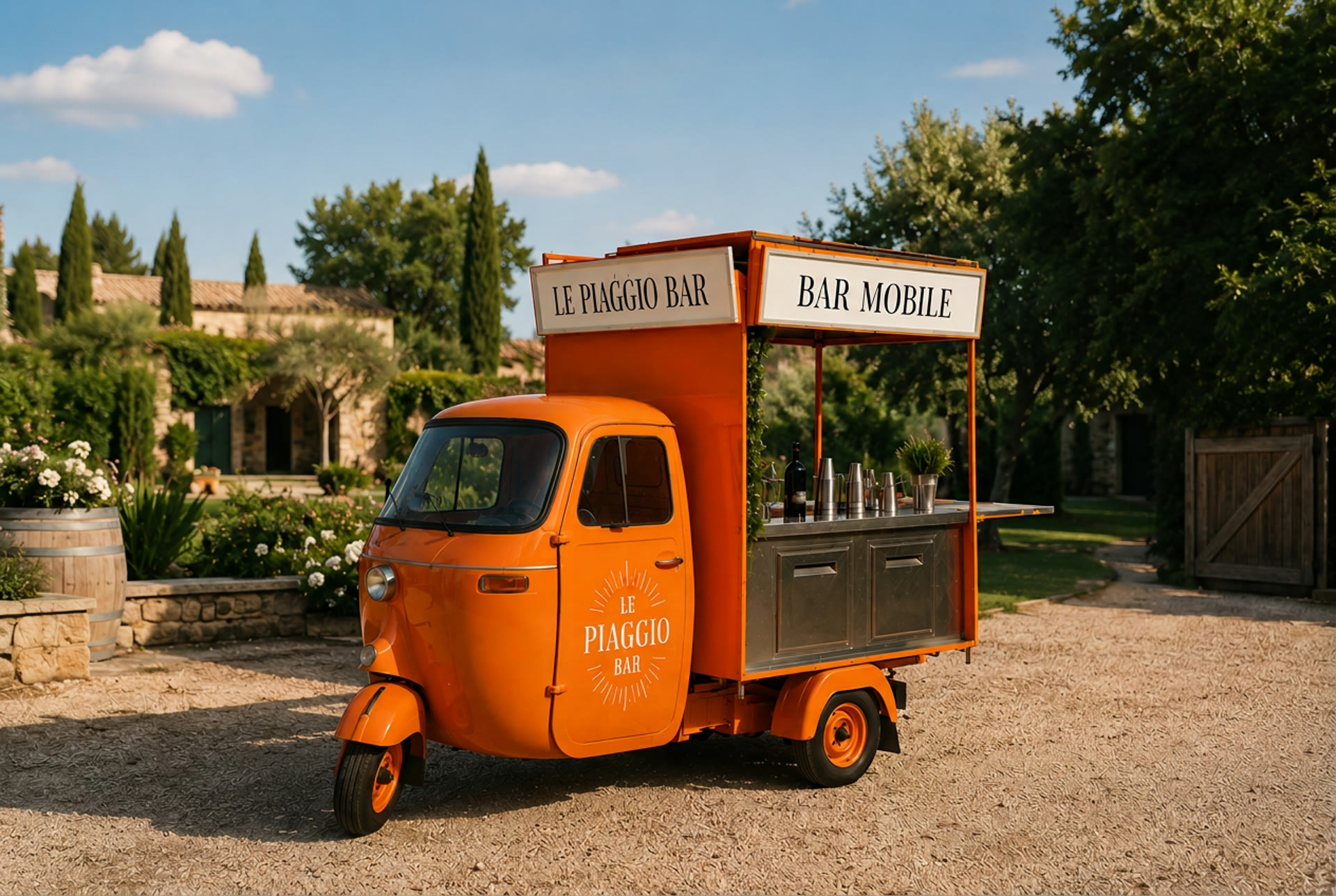 Bar mobile Piaggio installé dans un domaine de réception provençal