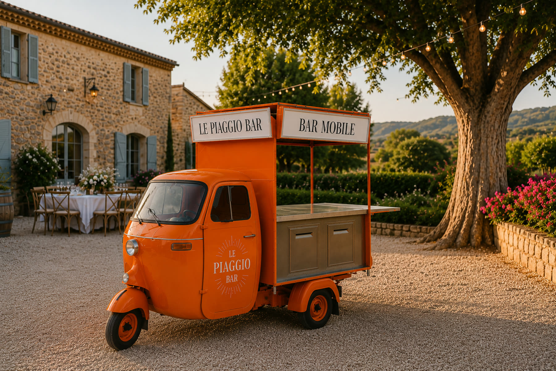 Bar à cocktails mobile Piaggio Bar pour un mariage en Provence, sous les guirlandes